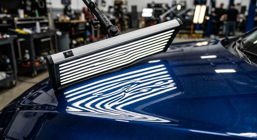Lampe LED d'inspection PDR posée sur un capot, révélant les micro-déformations de la tôle avant réparation