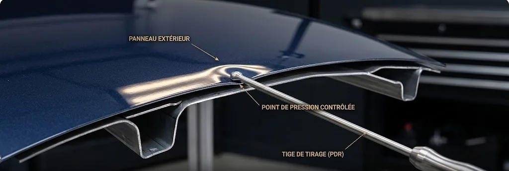 Tige de tirage PDR travaillant un point de pression sous un panneau de carrosserie, sans peinture retouchée