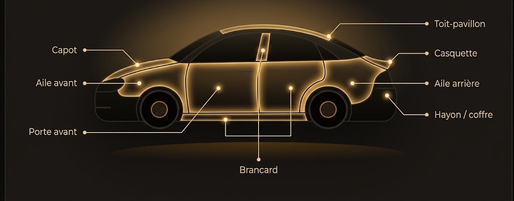 Schéma des zones d'intervention sur la carrosserie : capot, ailes, portes, brancard, toit-pavillon, casquette, hayon